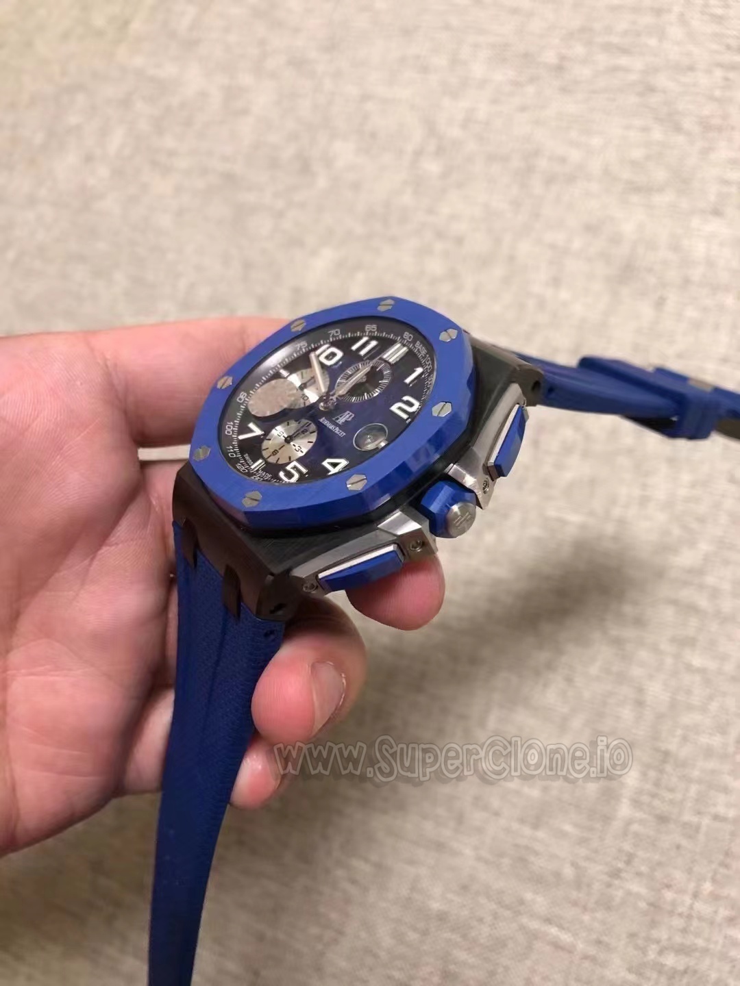 Audemars Piguet Blue Ceramic crown and pusher engineering close up
