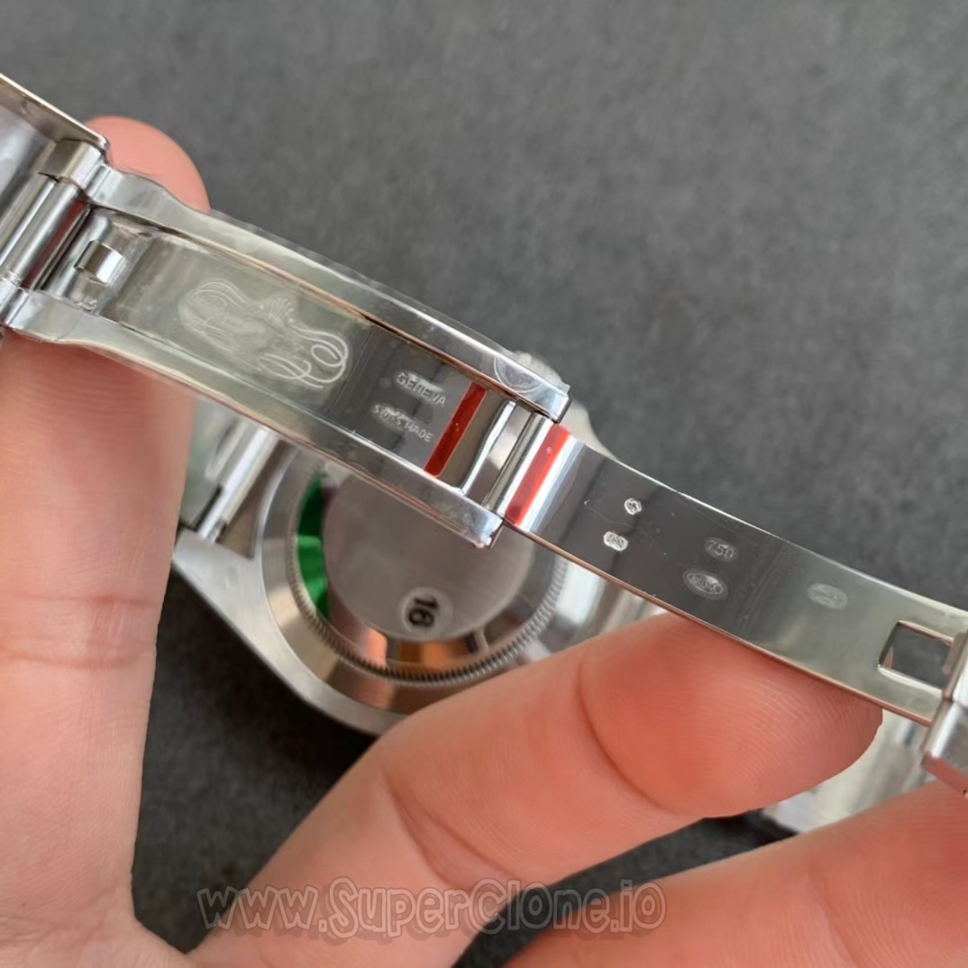Oysterlock Clasp Construction Interior view of the deployant clasp assembly showing crisp laser-etched insignia codes