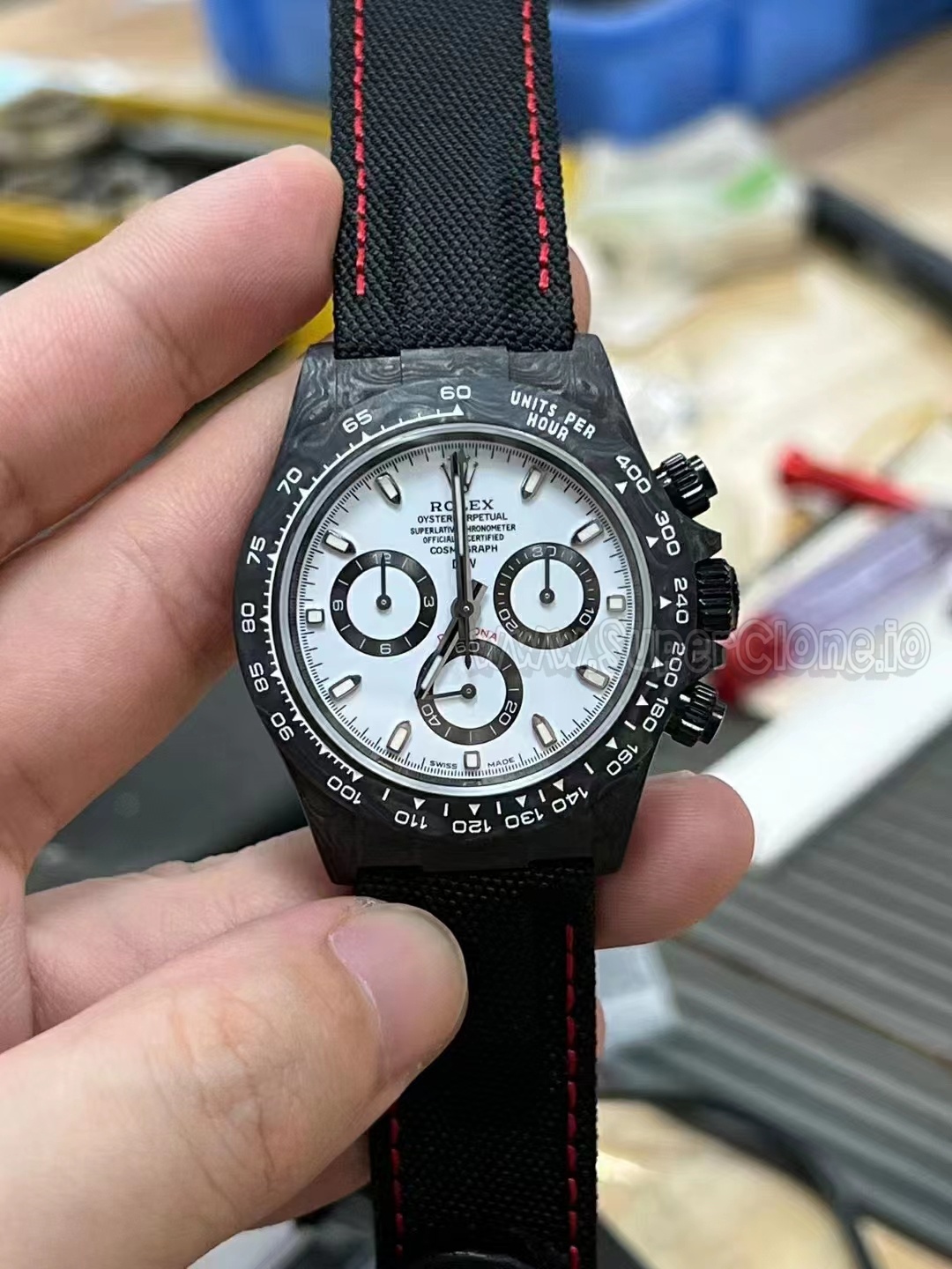 Angled profile view of the carbon Daytona chronograph case structure