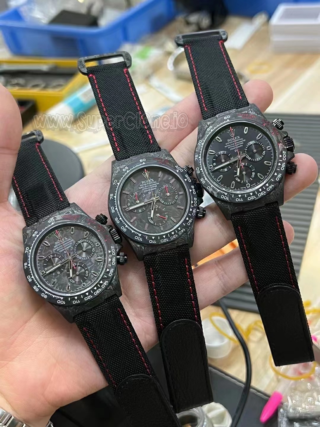 Close look at the carbon crown and screw-down timing pushers