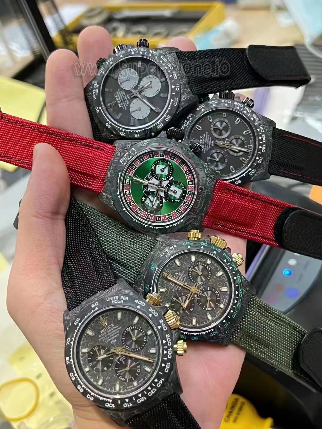 Full architectural showcase of the custom carbon chronograph lineup