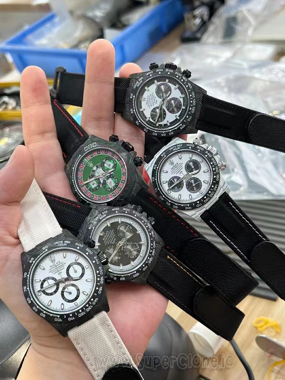 Front view of a custom forged carbon Daytona chronograph