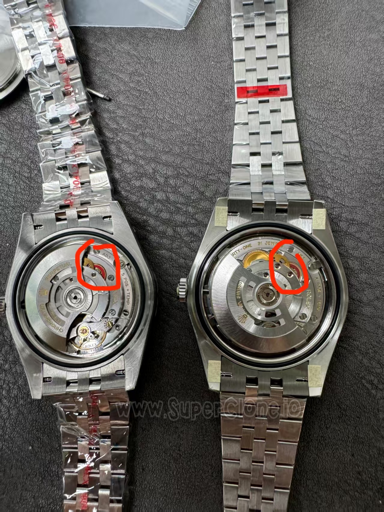 Macro detail showing reversing wheel color difference on 3235 movements