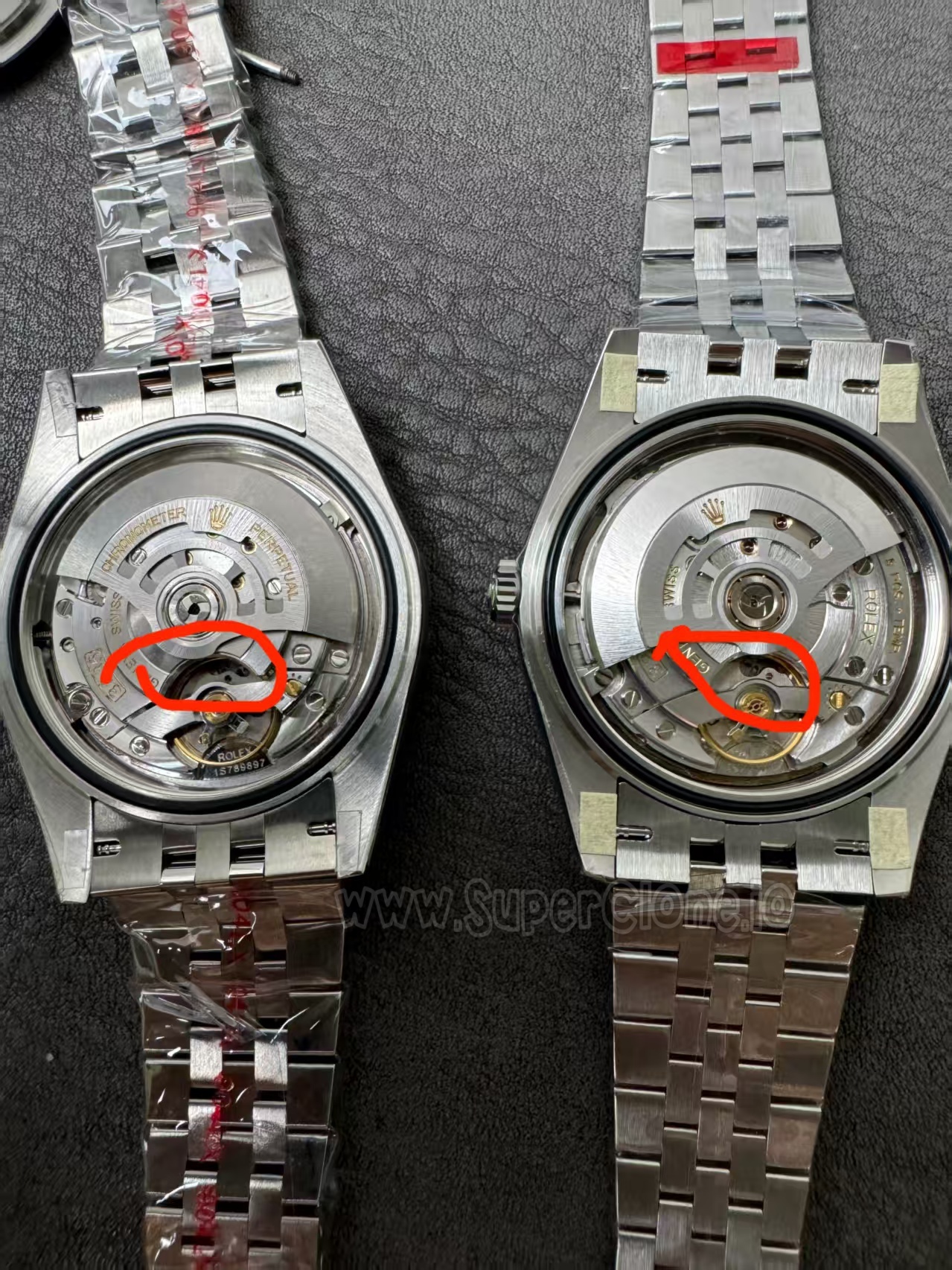 Side-by-side comparison between fake 3235 movement and genuine Dandong DD3235