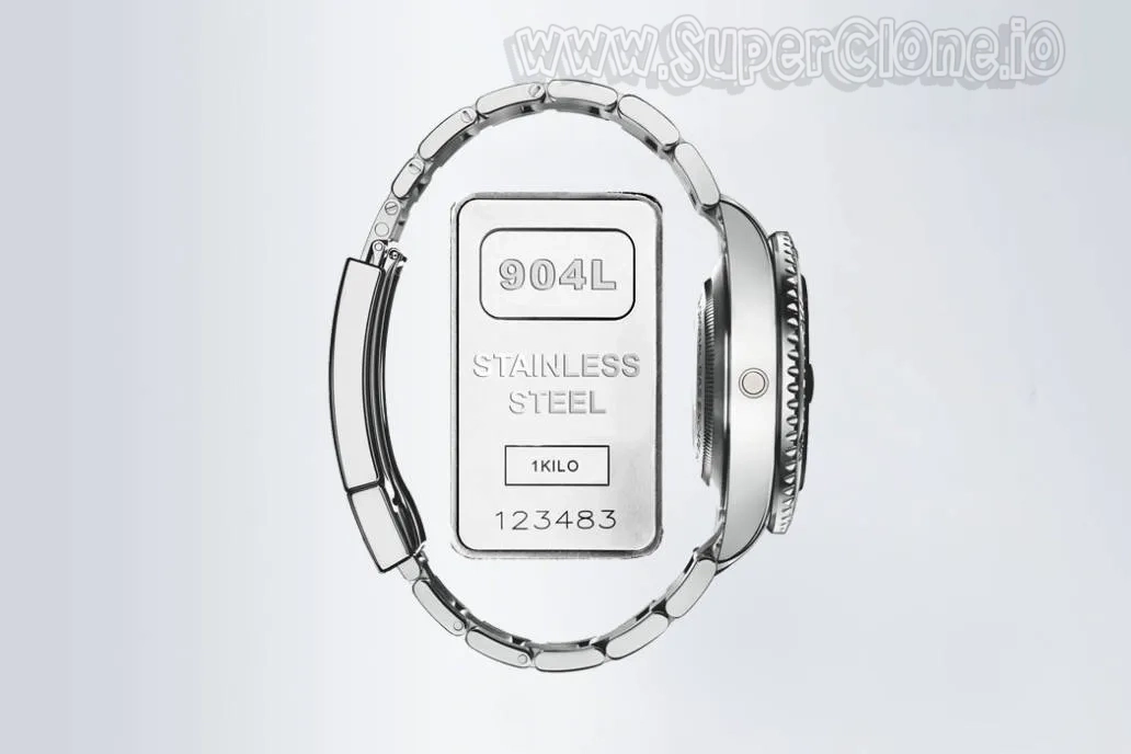 904L stainless steel ingot integrated with Rolex Submariner replica watch, highlighting corrosion-resistant material used in premium construction.