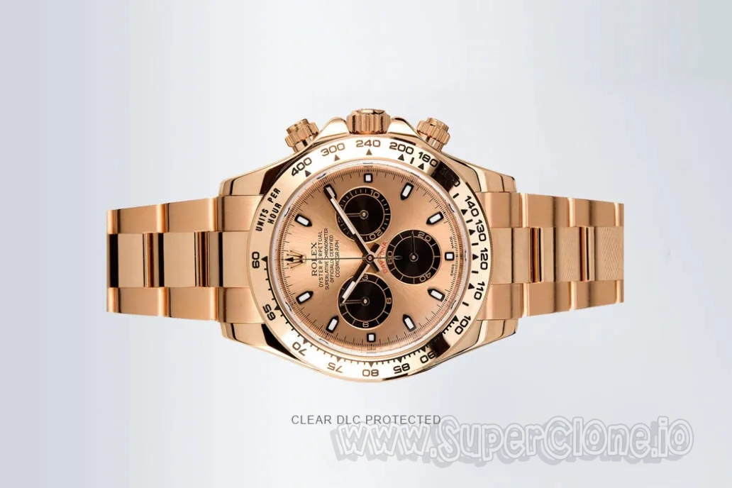 Gold Rolex Daytona replica watch featuring clear DLC protective coating for long-lasting shine and corrosion resistance.
