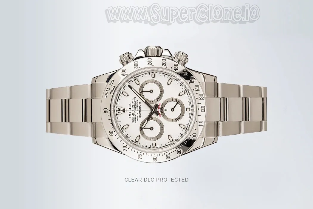 Silver Rolex Daytona replica watch with clear DLC protective coating for enhanced scratch resistance and durability.