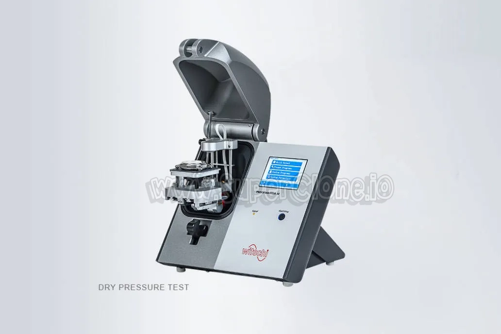 Dry pressure testing machine for Rolex replica watches using Witschi Proofmaster to ensure water resistance and durability.
