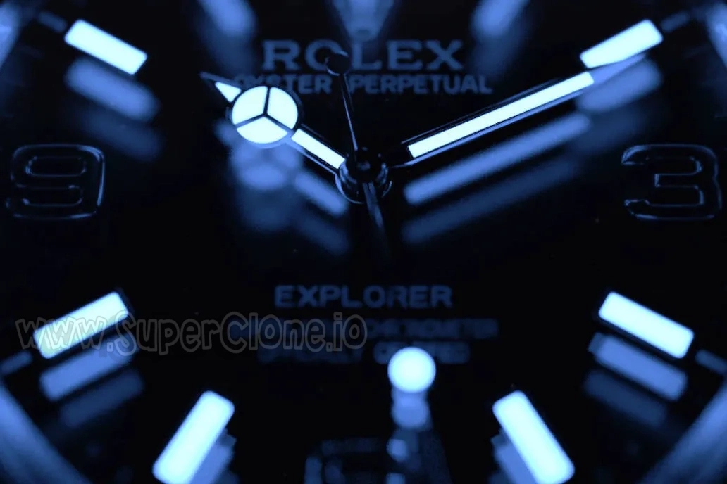 Glowing Rolex Explorer replica dial in dark with blue Super-Luminova for enhanced low-light readability and visibility.
