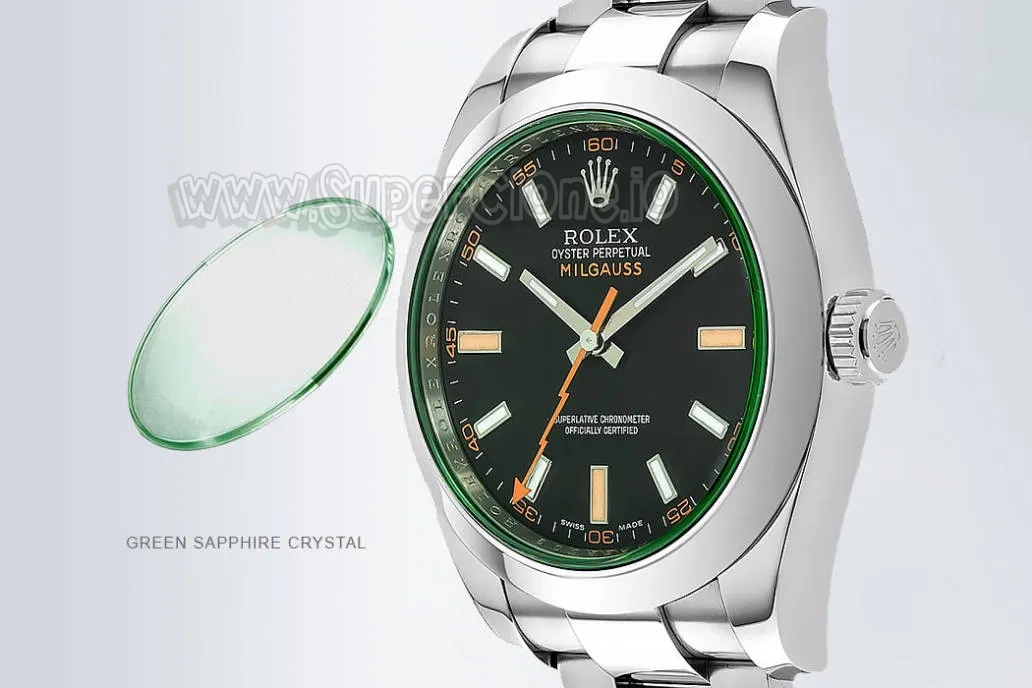 Green sapphire crystal on Rolex Milgauss replica watch, providing scratch resistance and unique tint for premium anti-magnetic models.