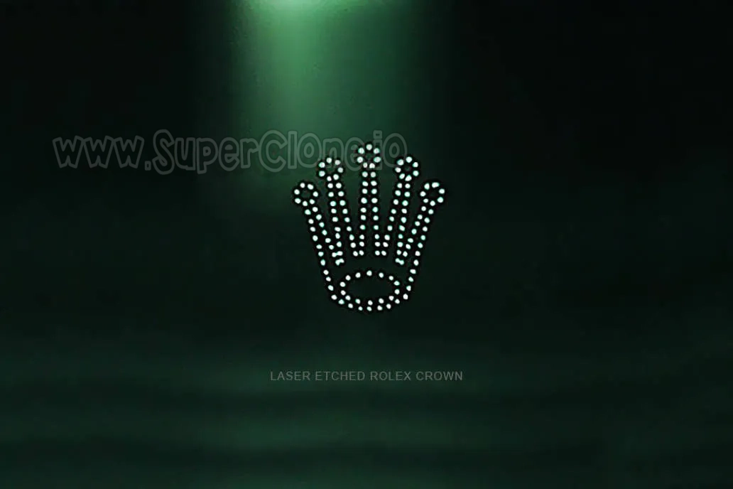 Laser engraving on the Rolex crown is a micro-marking located at the “6 o'clock” position on the sapphire crystal of Rolex super clones.