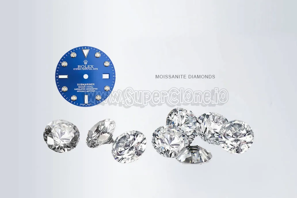Blue Submariner replica dial featuring Moissanite diamonds for sparkling luxury in iced-out Rolex models.