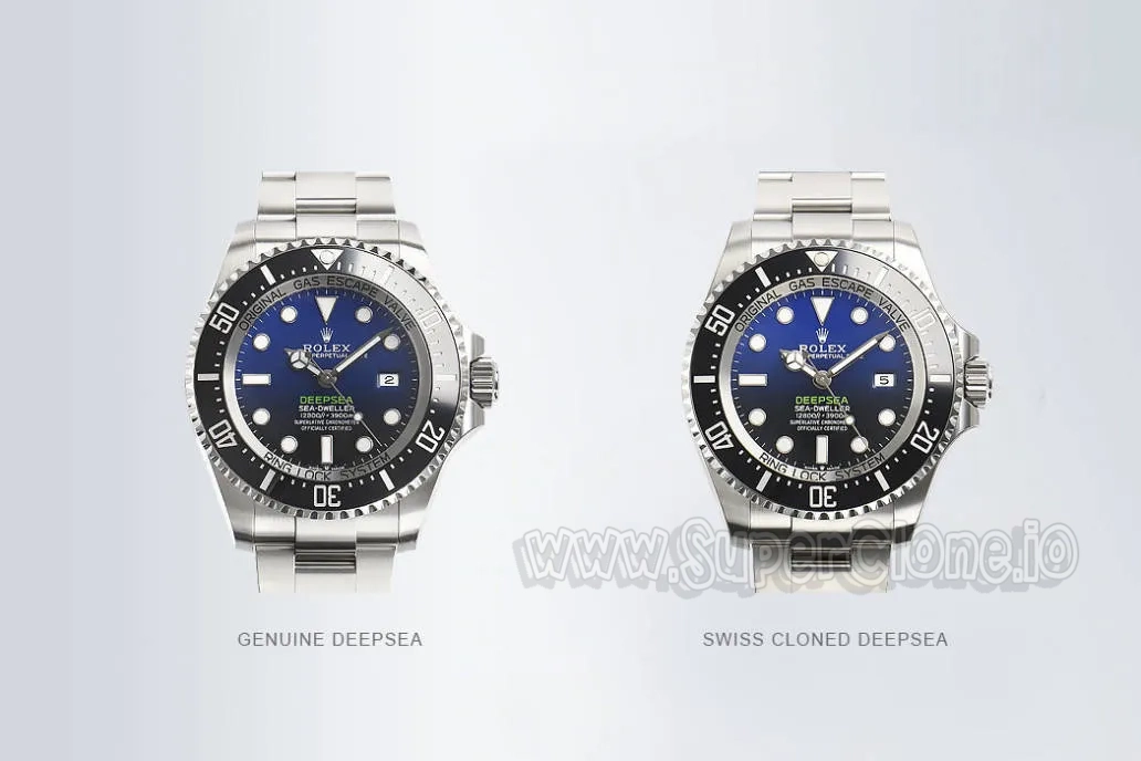 Side-by-side view of Rolex replica dial and original Rolex details showing 100% identical finish and markings.