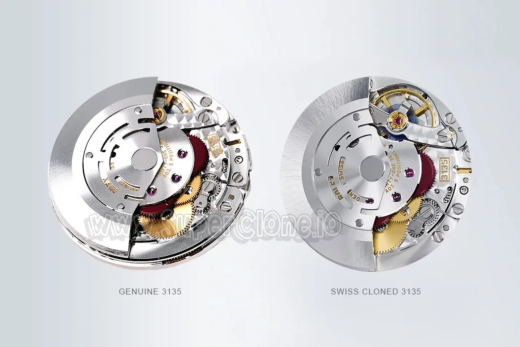 Close-up comparison of Rolex replica movement and genuine Rolex caliber for identical internal craftsmanship and precision.