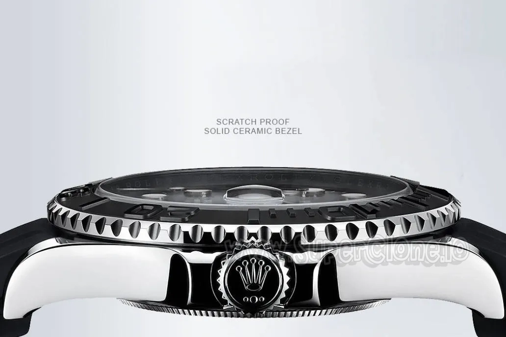 Scratch-proof solid ceramic bezel on Rolex replica watch from bottom view, highlighting robust construction and crown details for everyday resistance.