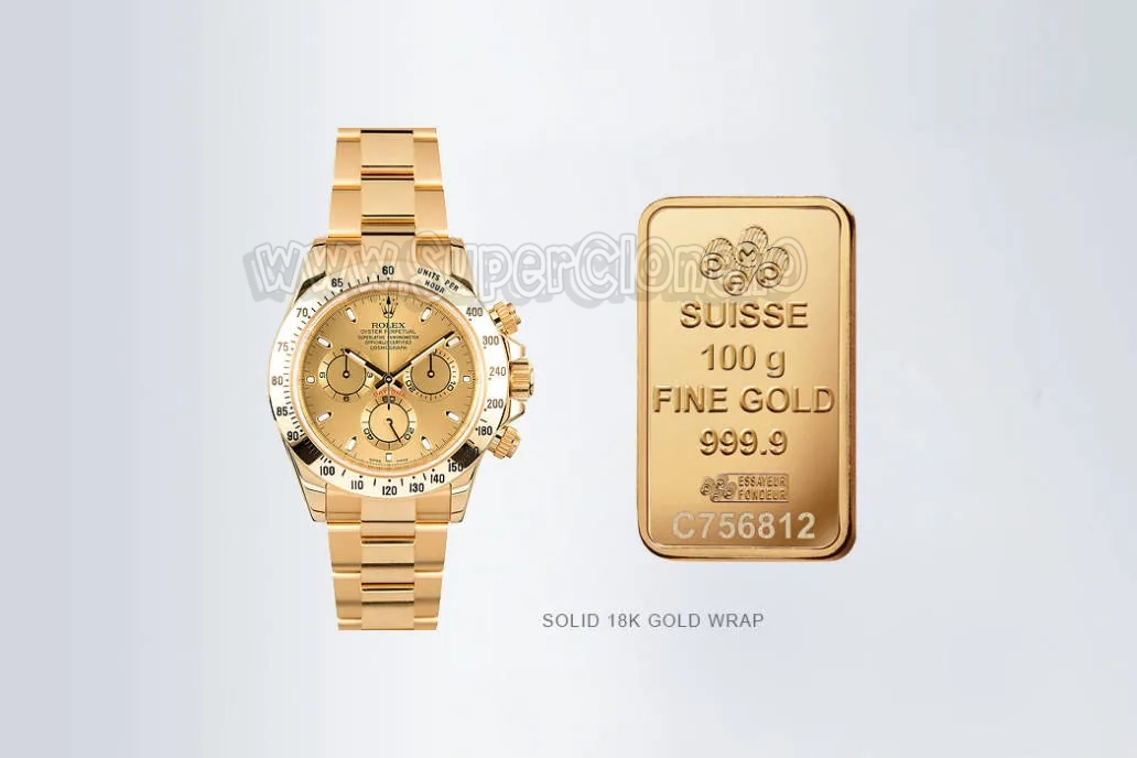 Rolex Daytona replica watch with solid 18K gold wrap alongside gold ingot, demonstrating premium layering for fade-resistant shine.