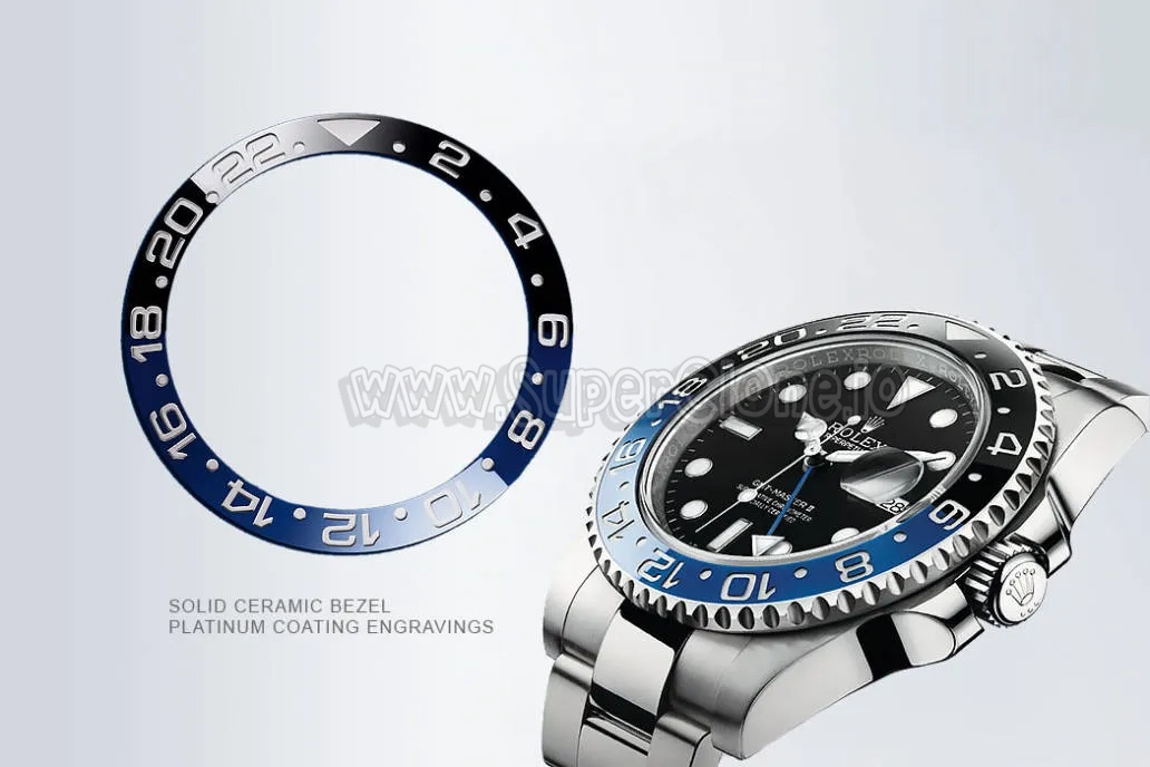 Solid ceramic bezel insert with platinum coating engravings on Rolex replica watch, showcasing precise and durable design details.