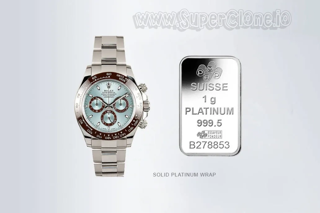 Platinum Rolex Daytona replica watch with solid platinum wrap and ingot, highlighting corrosion-resistant luxury finishing.