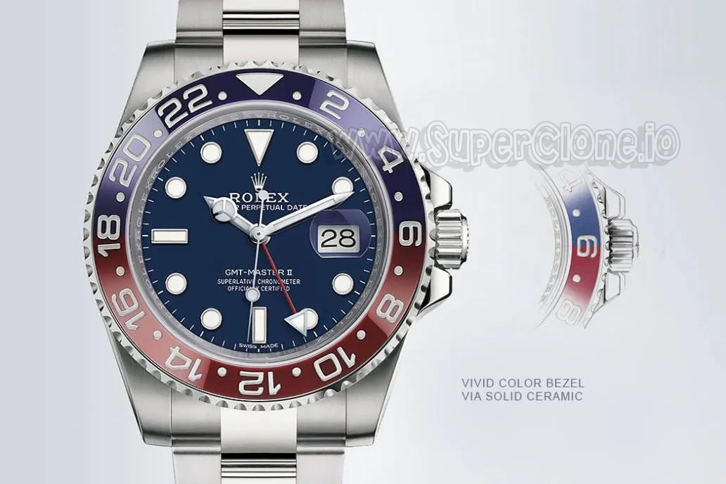 Rolex GMT-Master II replica watch with vivid red-blue ceramic bezel via solid ceramic construction for scratch-resistant durability.