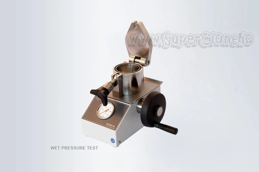 Wet pressure testing equipment for Rolex replica watches with Roxer Natator, verifying seals and water resistance up to 100m.